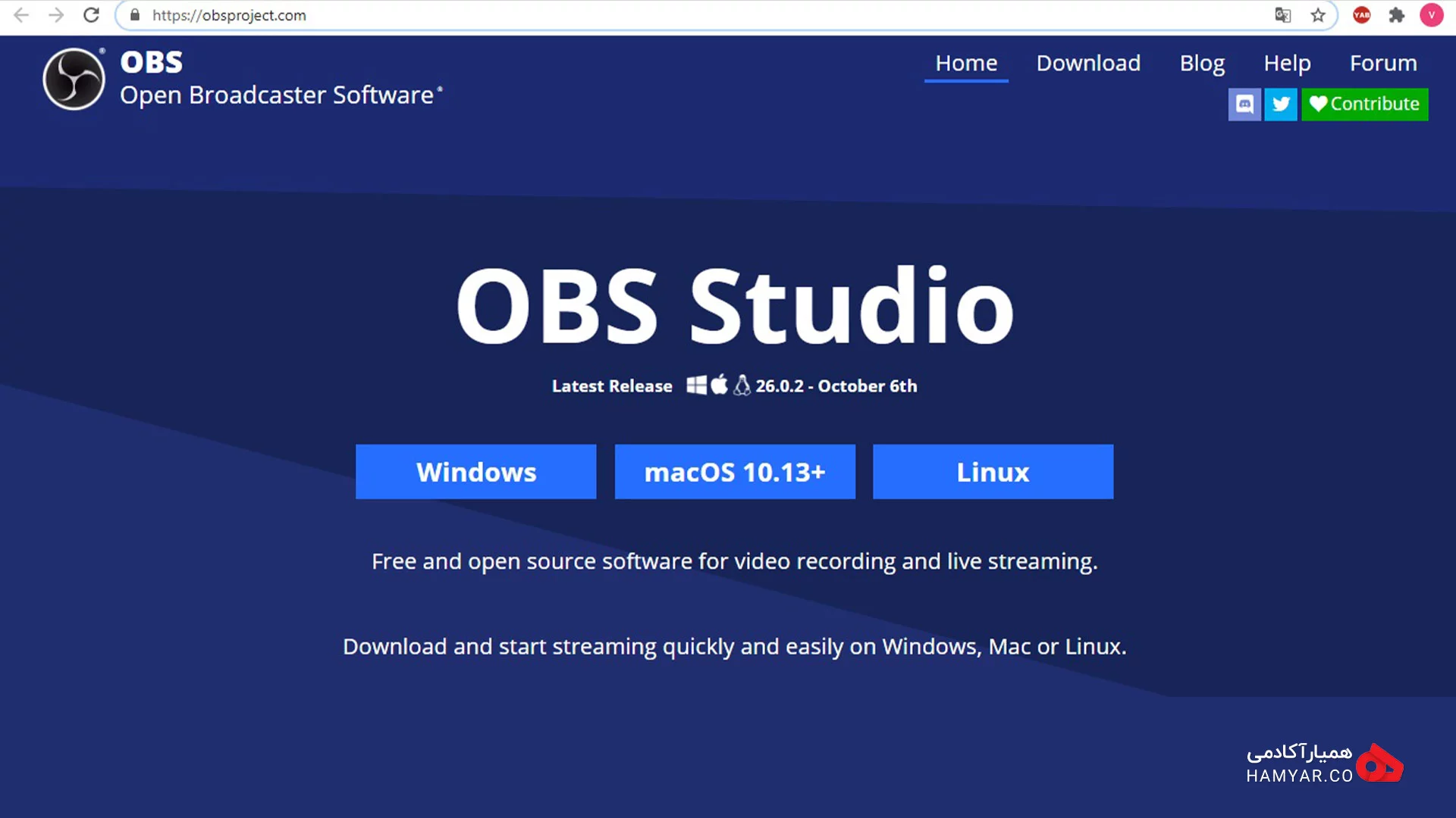 نمای وبسایت OBS Studio
