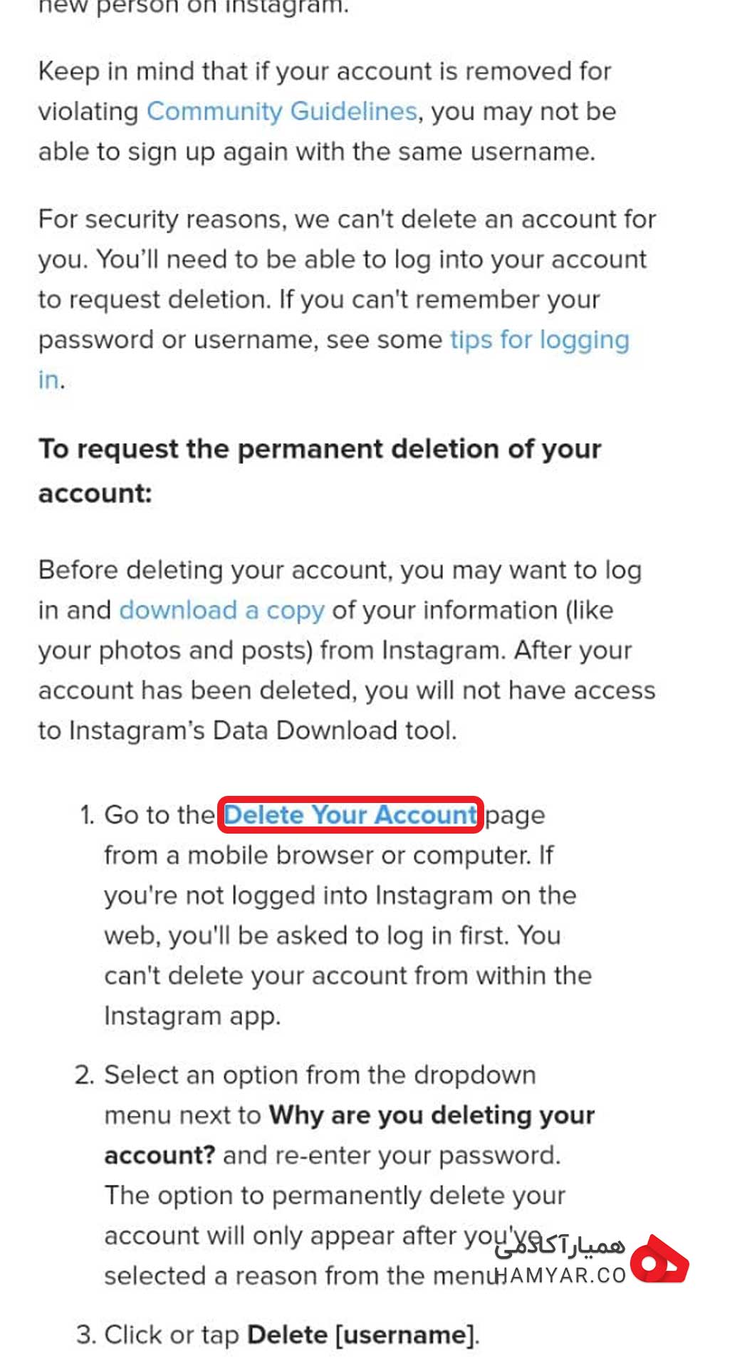 گزینه ی حذف اکانت اینستاگرام