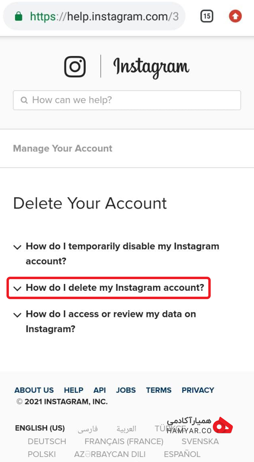 انتخاب گزینه حذف اکانت اینستاگرام