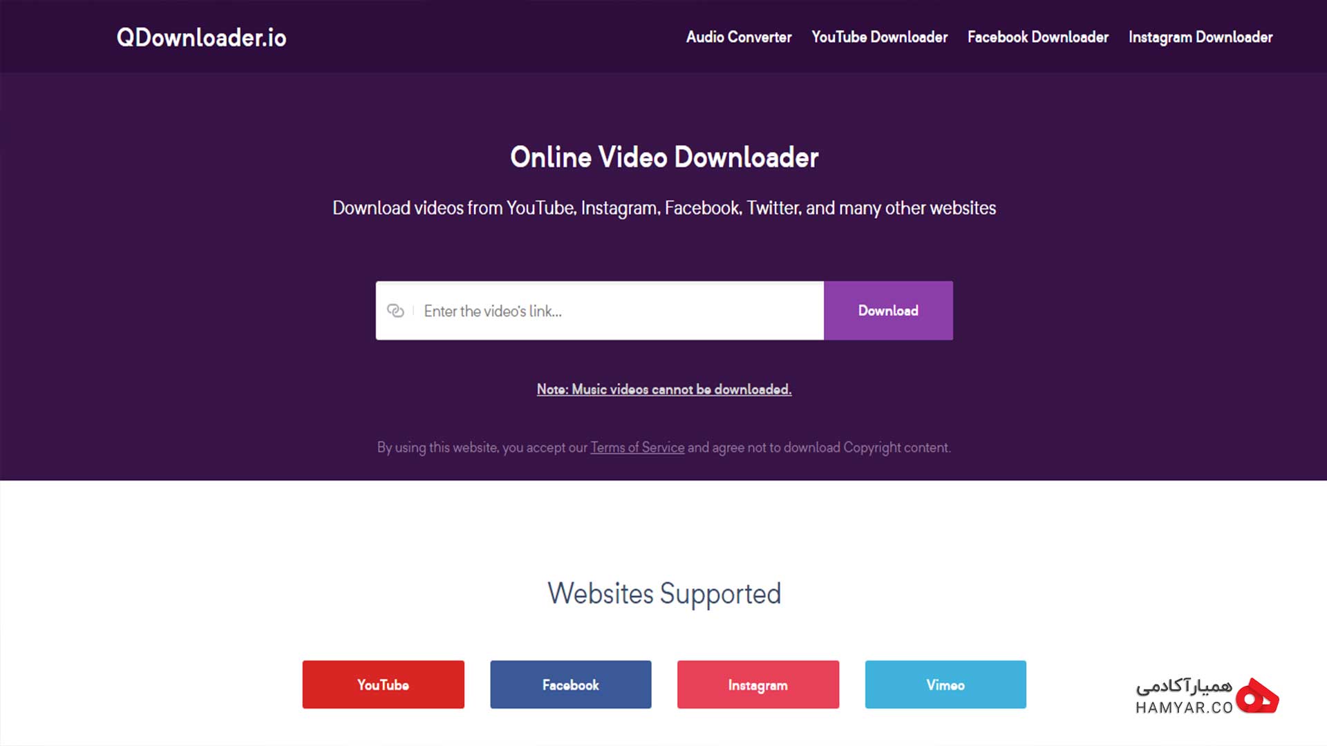 محیط کلی سایت QDownloader برای دانلود از یوتیوب