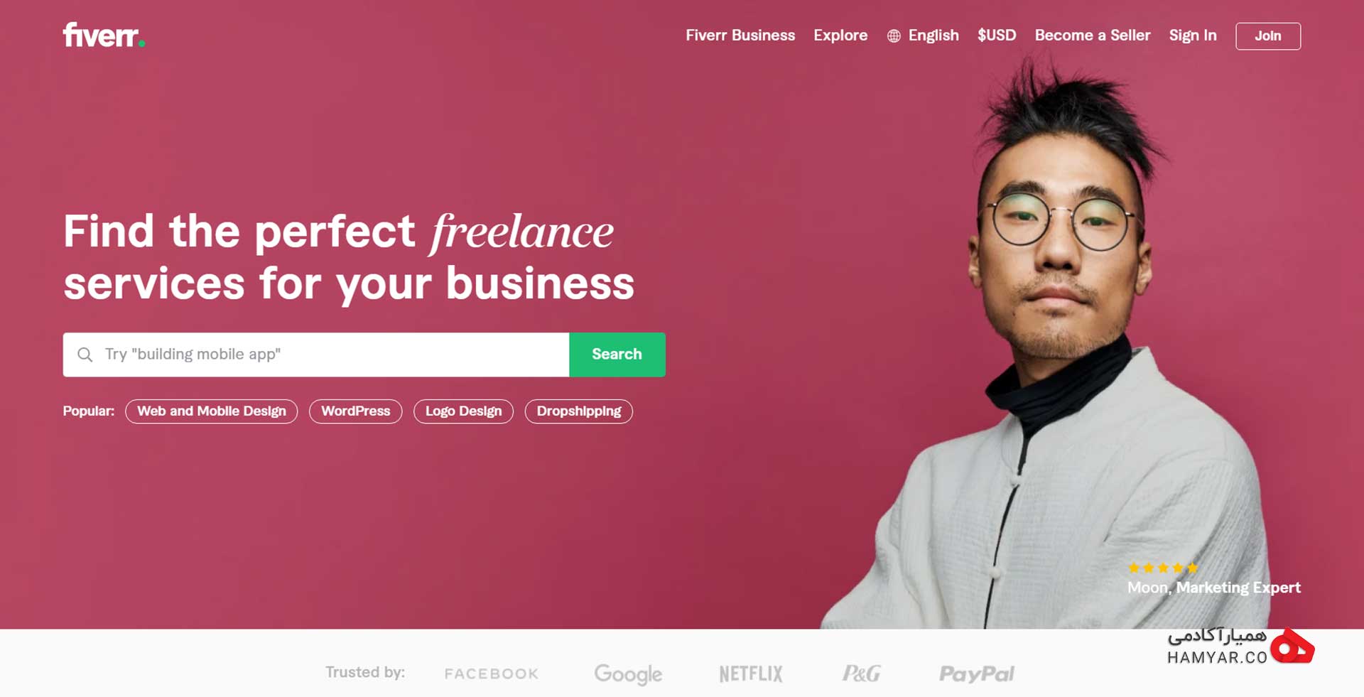 صفحه ی اصلی سایت فریلنسری Fiverr