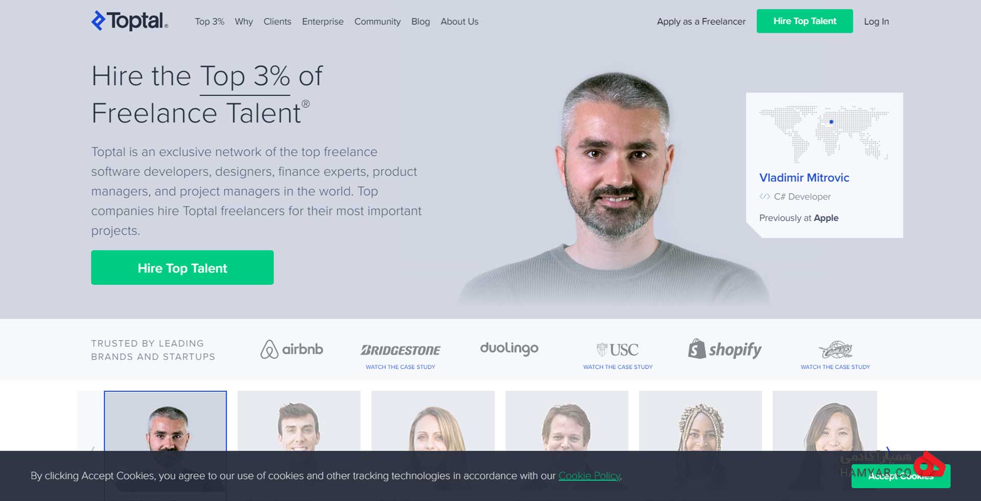 صفحه ی اصلی سایت فریلنسری Toptal