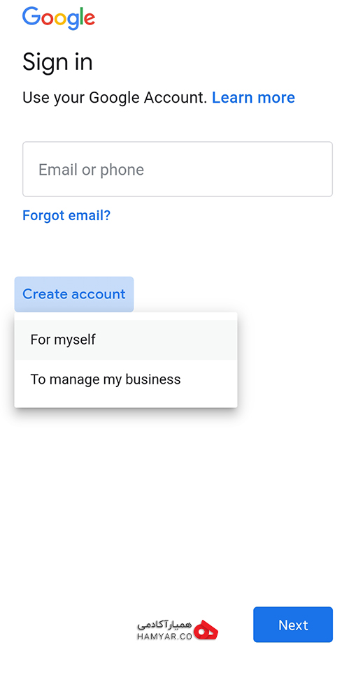 بر روی Create account کلیک کنید | ساخت اکانت جیمیل